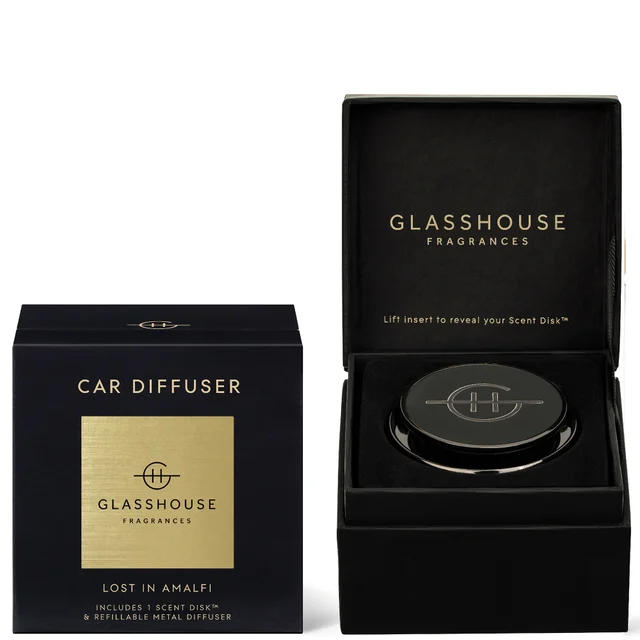 Glasshouse Fragrances Black Car Diffuser - Lost in Amalfi with 1 Replacement Scent Disk